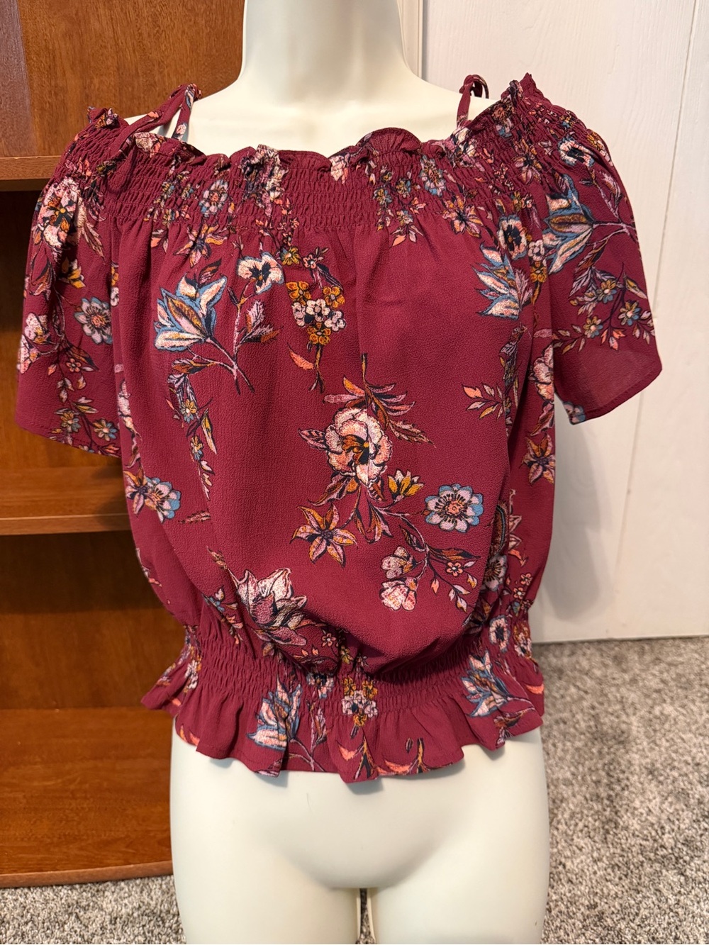 Daytrip Burgundy Floral Smocked Off-Shoulder Crop Top